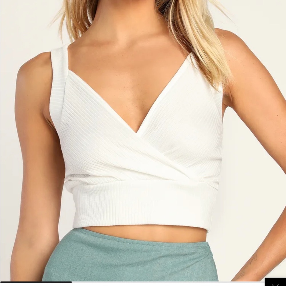 Lulu's set Ivory Ribbed V-Neck Crop Top & skirt two piece